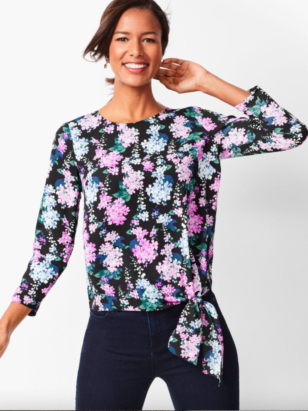 TALBOTS Hydrangea Floral Side Tie Blouse Business Casual Dark Floral Office Chic